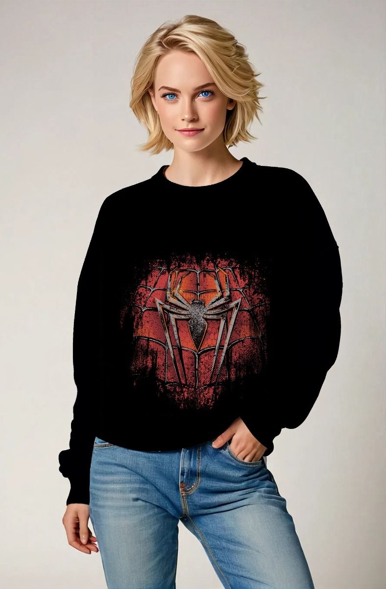 Black Spider Graphic Sweatshirt – Distressed Red Web Design