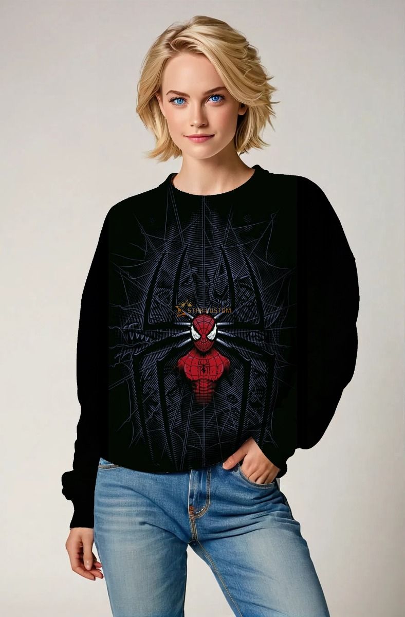 Black Spider‑Web Sweatshirt – Distinct Red Hero Motif