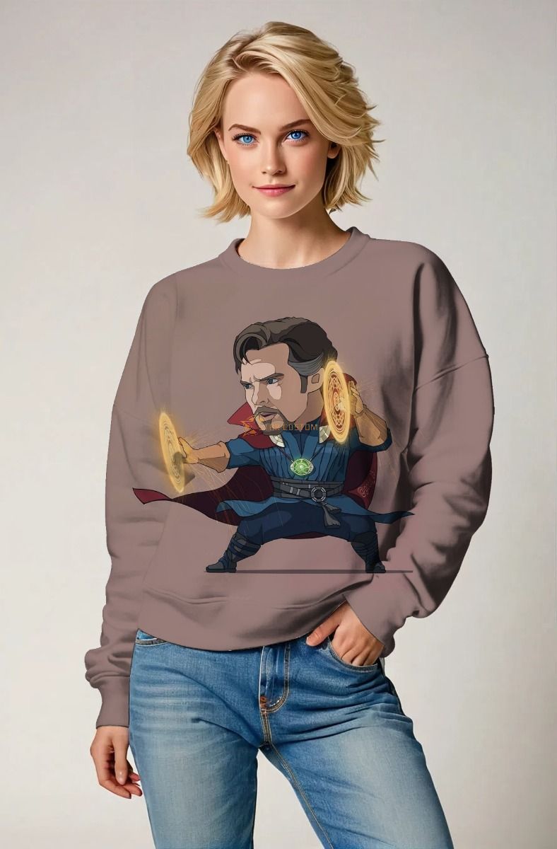 Ash Brown Crewneck – Cartoon Doctor Strange Mystic Combat