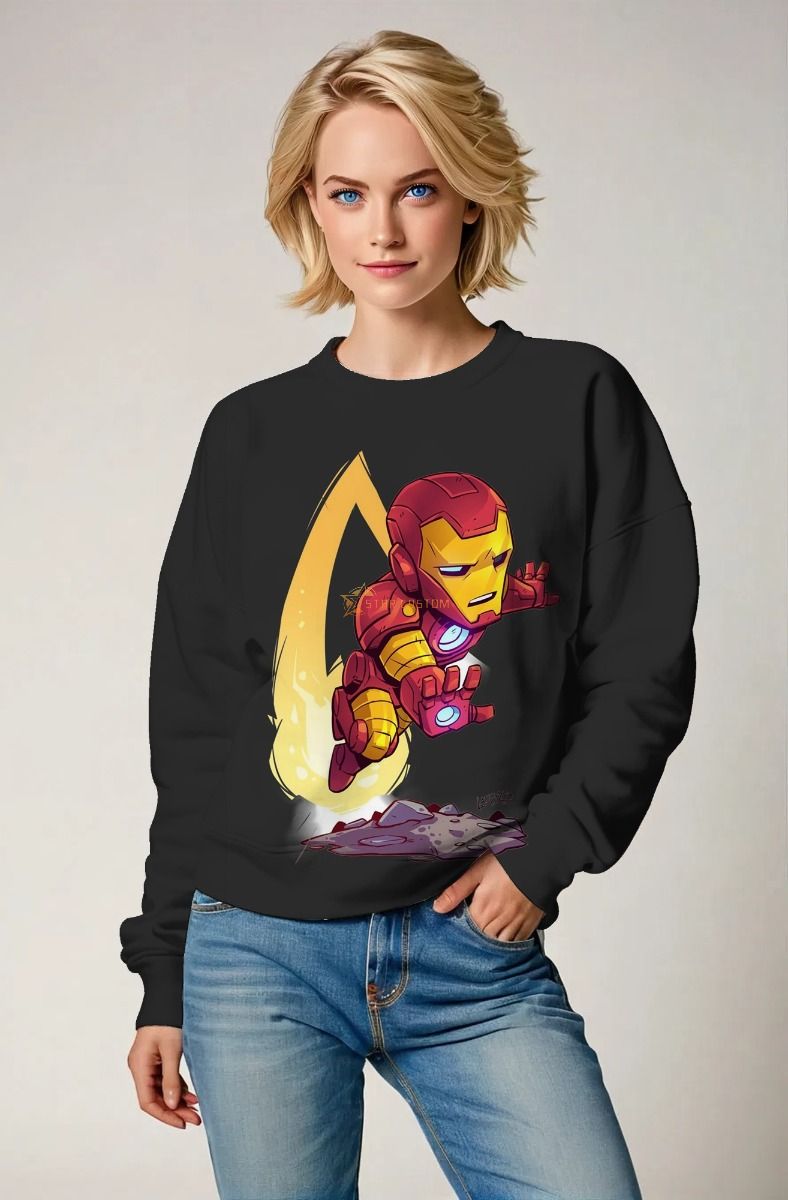 Midnight Black Crewneck – Cartoon Iron Man Repulsor Boost