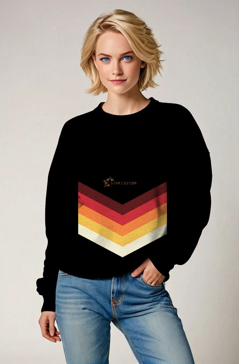 Jet Black Retro Crewneck Sweatshirt – Chevron Stripes in Sunset Tones