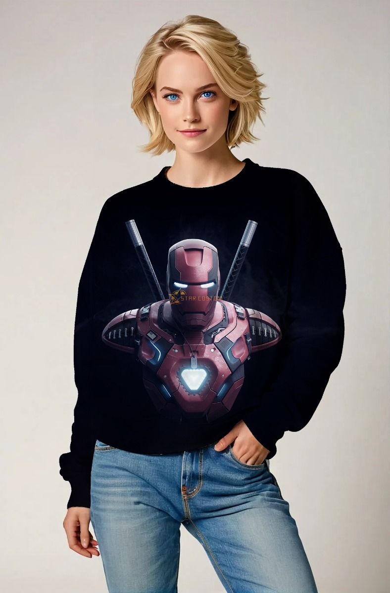Black Crewneck Sweatshirt – Cyber Armored Hero with Blade Design