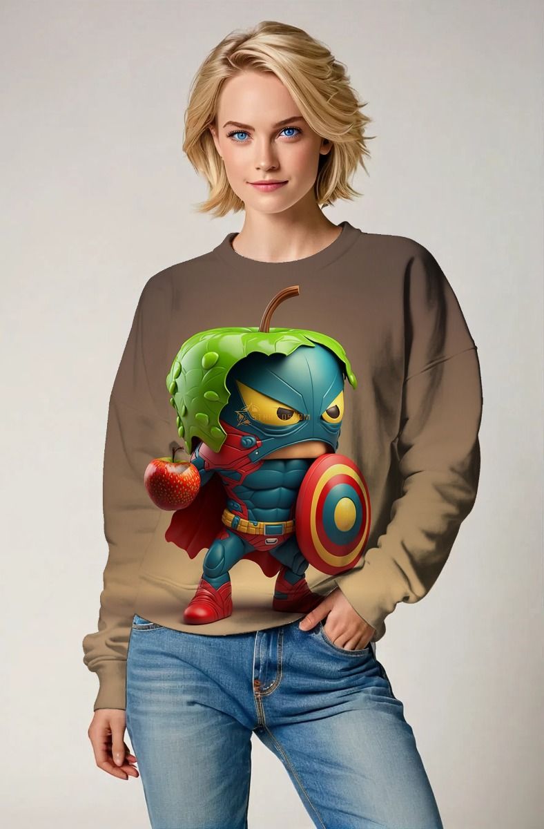 Khaki Crewneck Sweatshirt – Cute Cartoon Fruit Hero Design