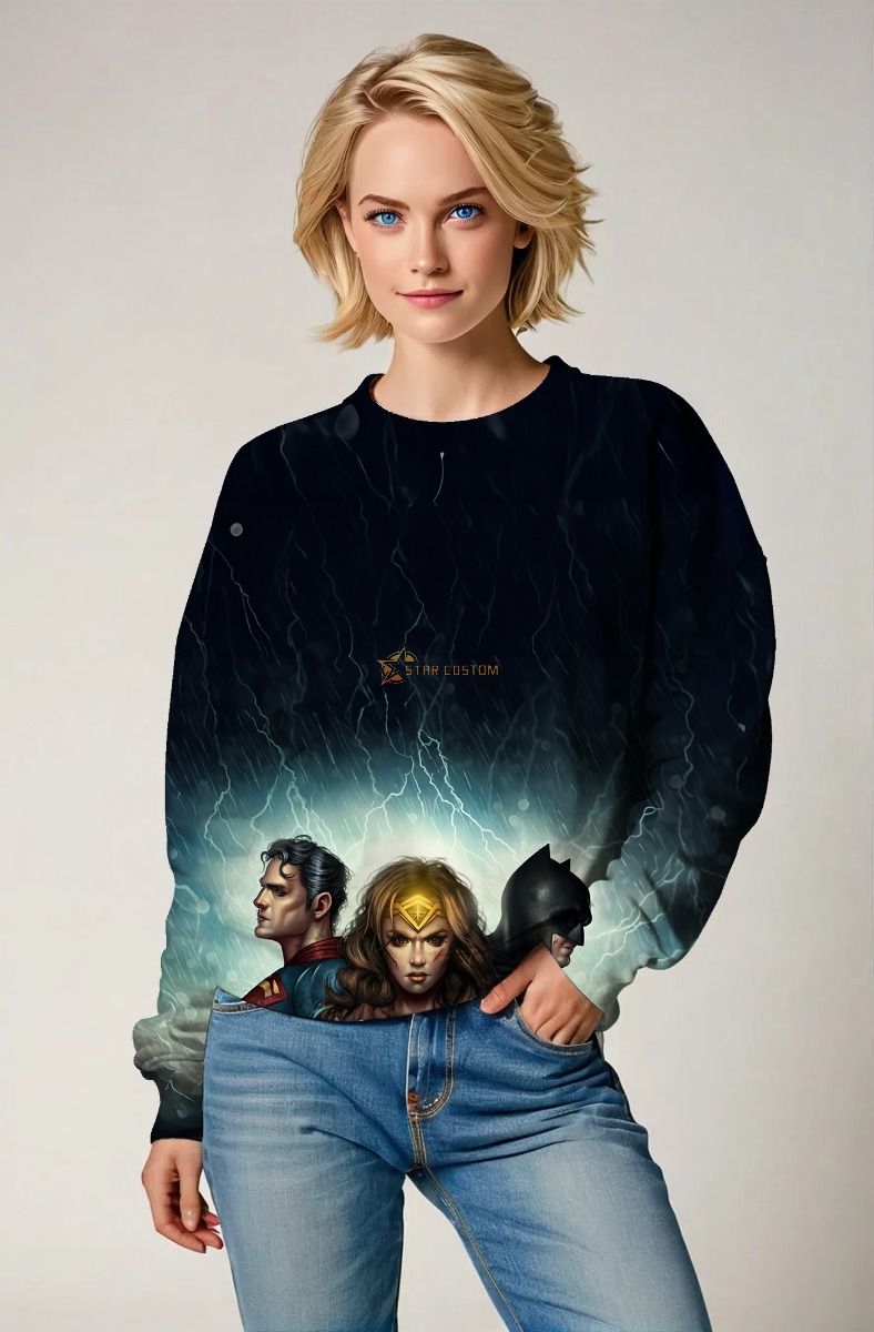 Black-Blue Crewneck – Justice Storm Design with Trinity Heroes