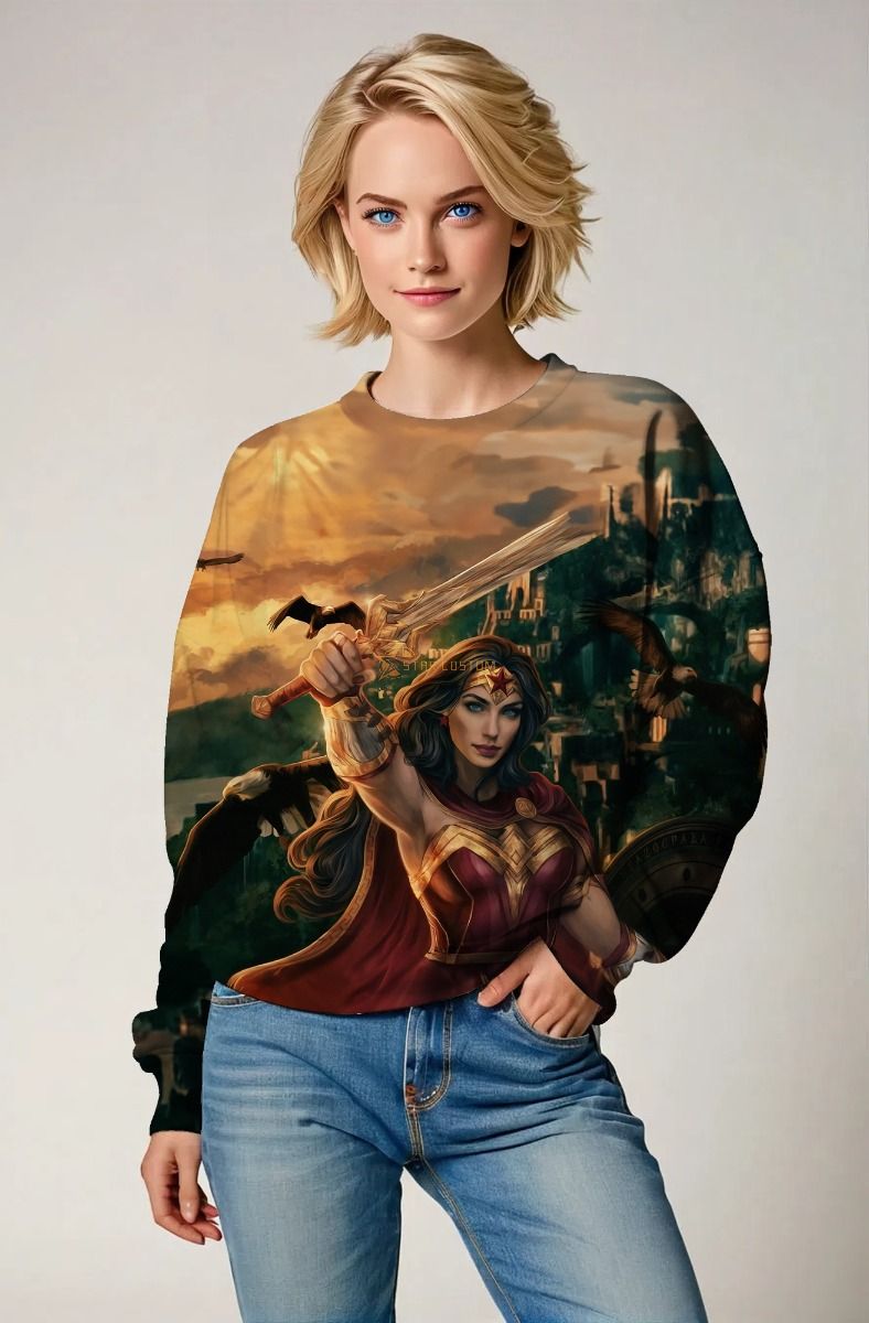 Golden-Red Crewneck – Sunset Amazon Warrior Design