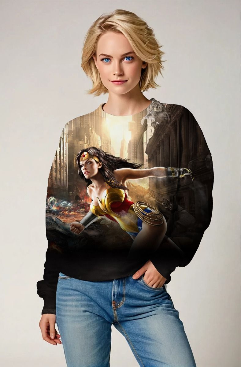Golden-Red-Blue Crewneck – Dynamic Goddess in Modern Combat Scene