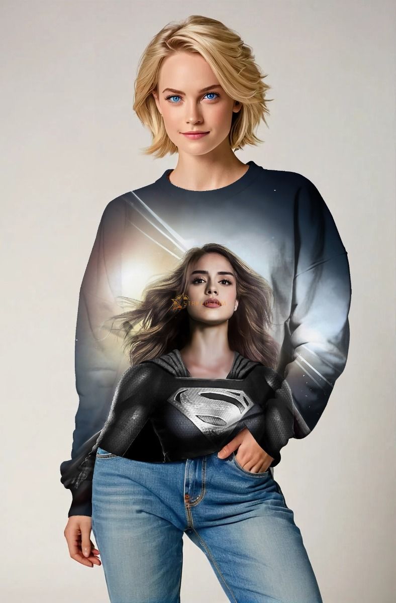 Black Silver Superwoman Crewneck Sweatshirt – Realism Graphic & Monochrome Design