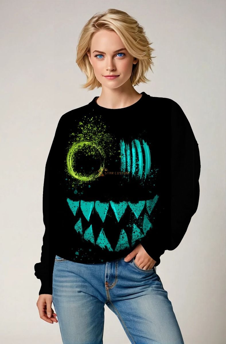 Midnight Grin Pullover Sweatshirt – Black Base with Neon Splatter Face