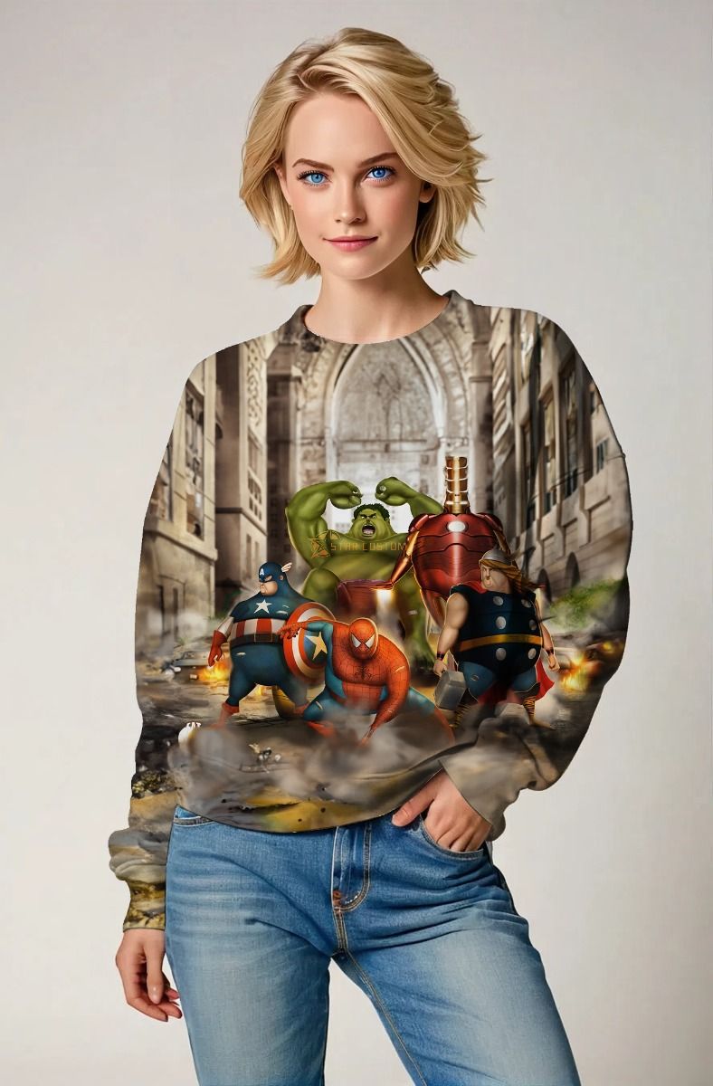 SuperSquish Crewneck – Taupe Chibi Avengers-Style Sweatshirt