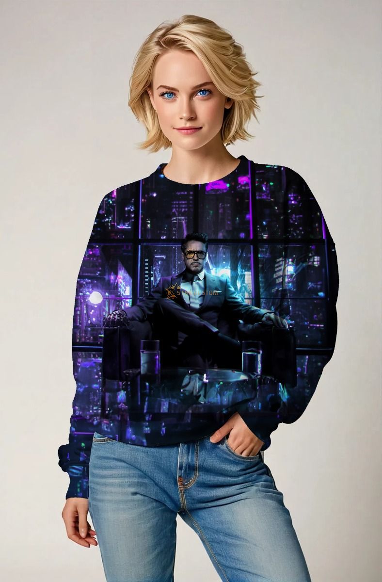 Tech Noir Stark Sweatshirt – Deep Black with Neon Tower Scene