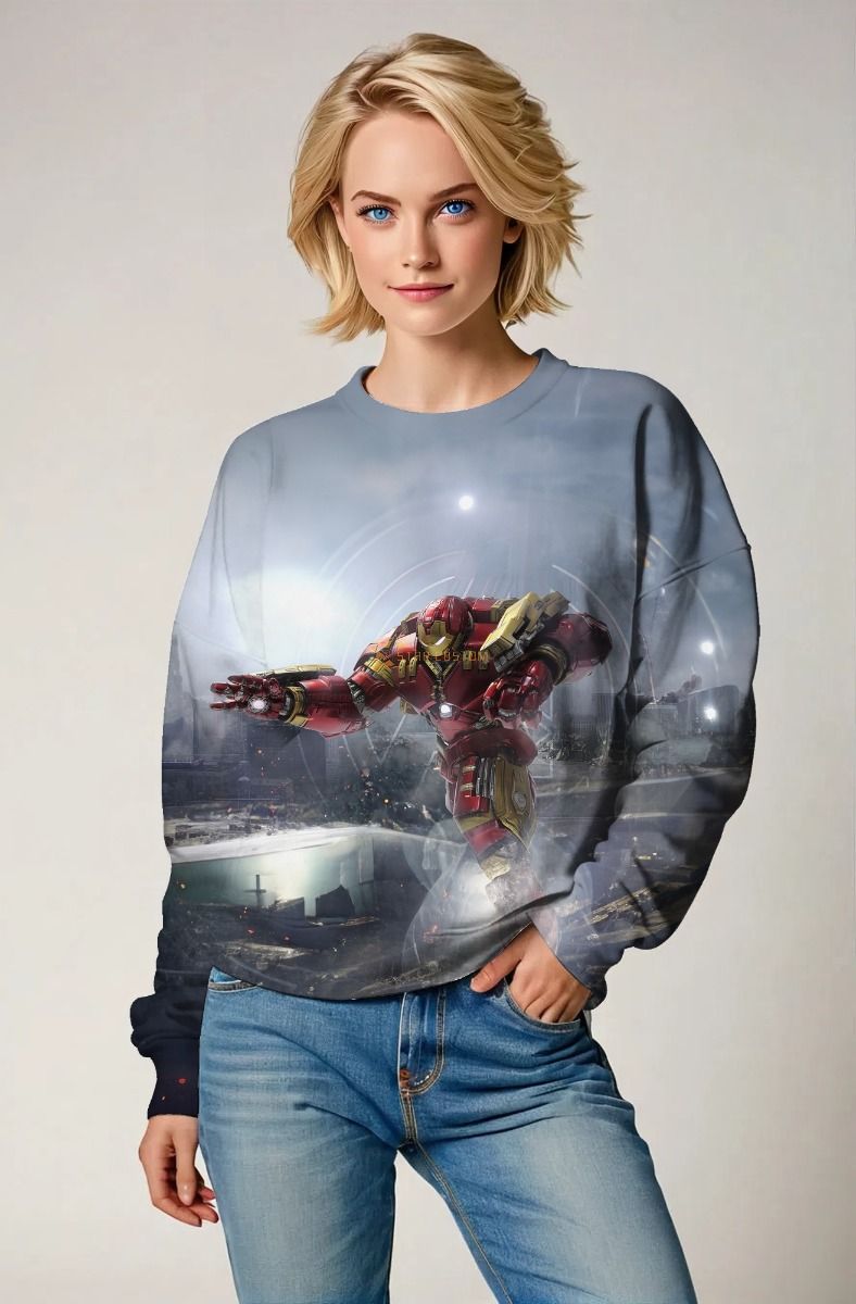 Marvel Avengers Inspired Men’s Red and Gold Hulkbuster Battle Scene Sweatshirt