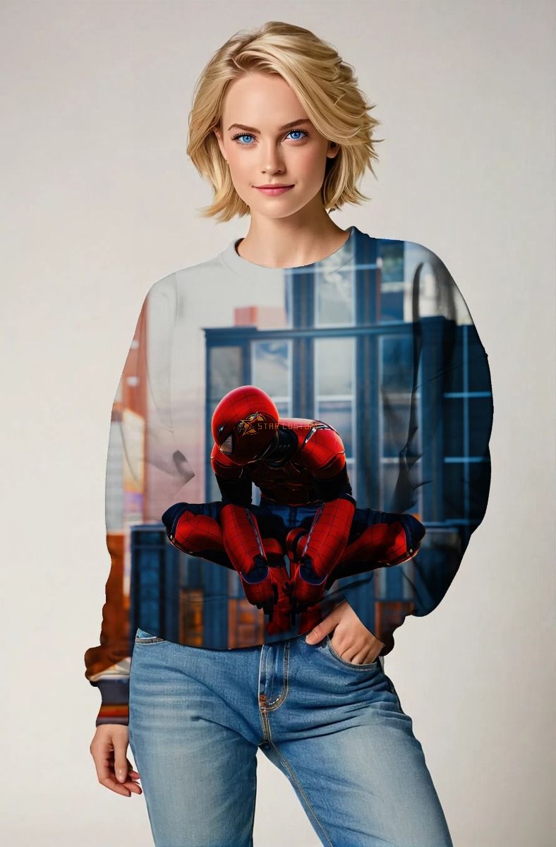 Spider-Man City Skyline Gray & Red Marvel Design Crewneck Sweatshirt