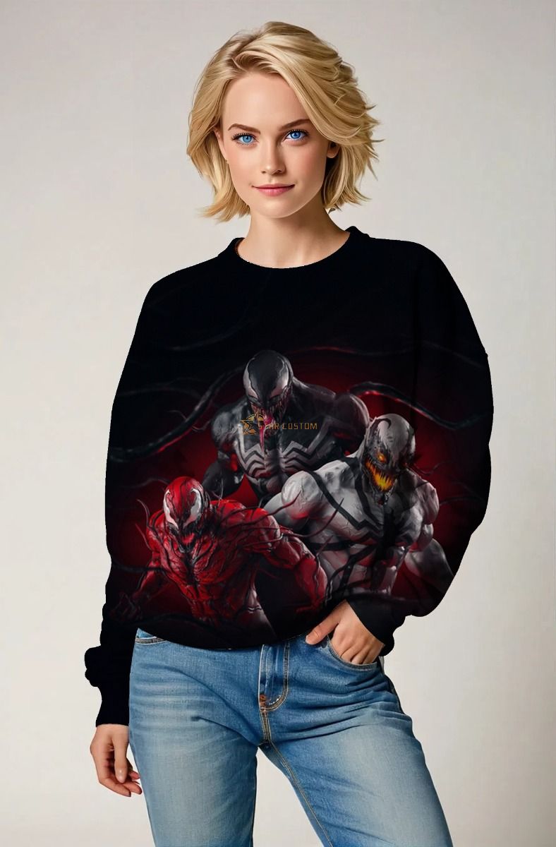 Venom & Symbiotes Dark Red & Black Marvel Design Crewneck Sweatshirt