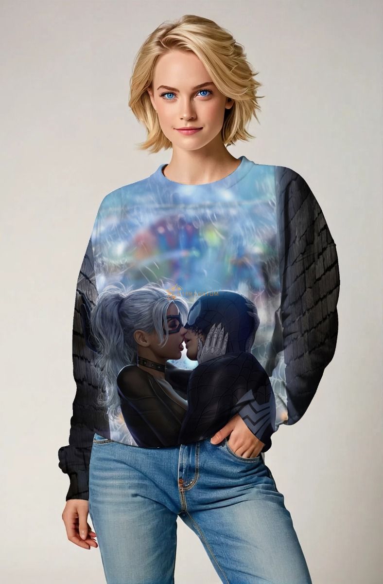 Spider-Man and Black Cat Rain Kiss Blue & Black Marvel Design Crewneck Sweatshirt