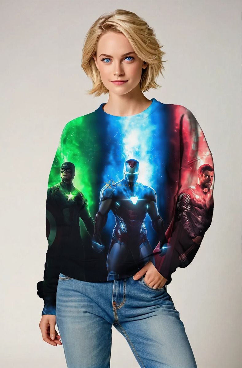 Captain America Iron Man Thor Tri-Color Marvel Heroes Crewneck Sweatshirt