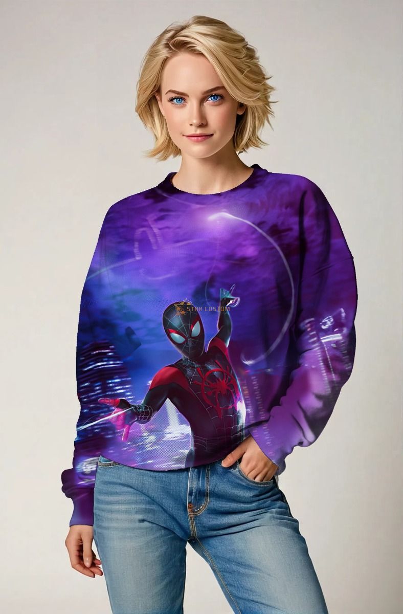 Miles Morales Into the Spider-Verse Neon Skyline Purple Marvel Design Crewneck Sweatshirt