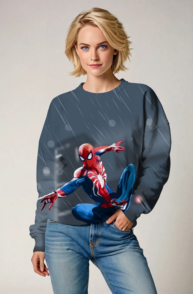 Spider-Man Web-Swinging Rain Scene Dark Blue Crewneck Sweatshirt