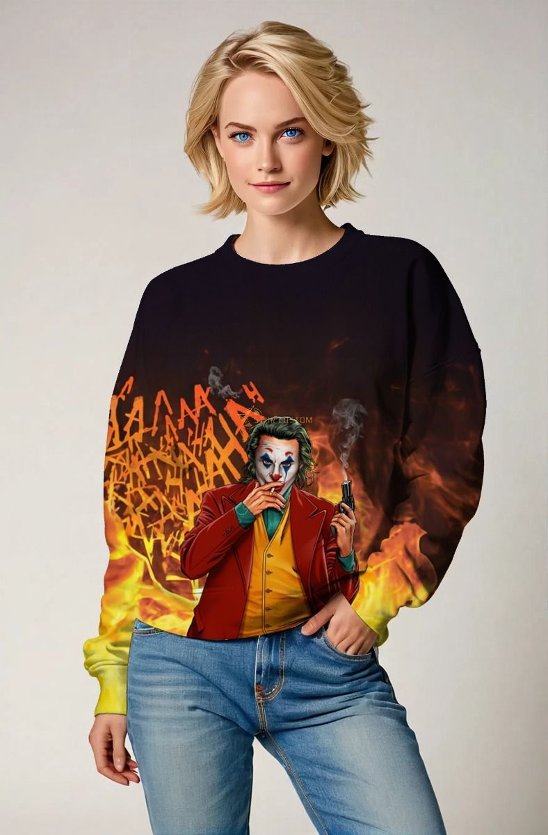 Joker Burnout Crewneck Sweatshirt – Yellow & Red Fire Graffiti Design