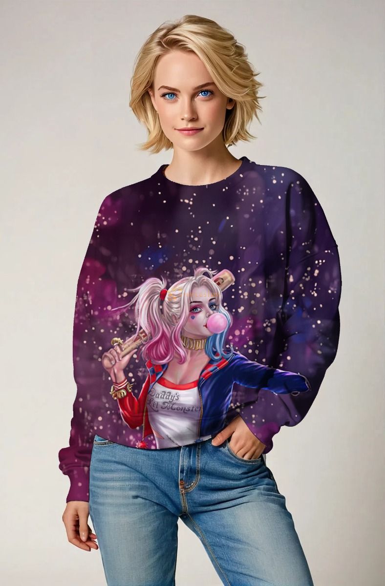 Harley Quinn Cosmic Mischief Crewneck – Purple Bubblegum Universe Sweatshirt