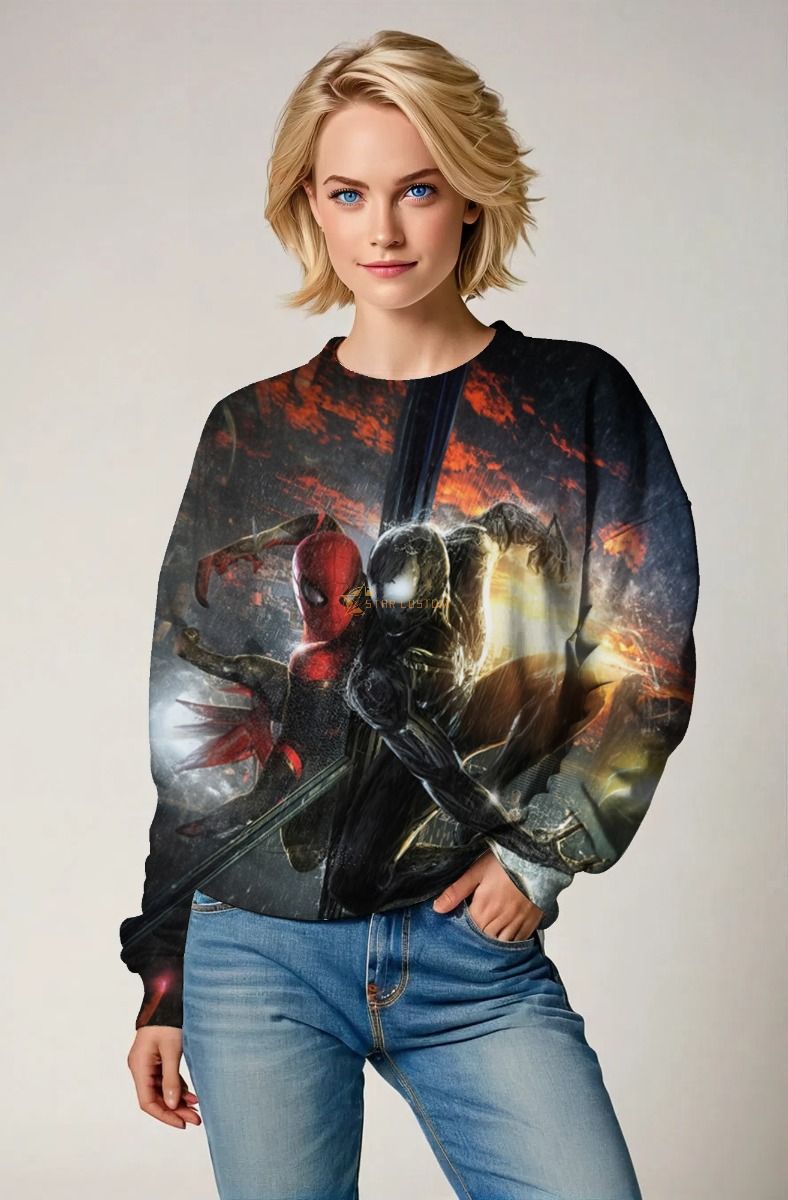Spider-Man Venom Duel Sweatshirt – Black & Flame Clash City Crewneck