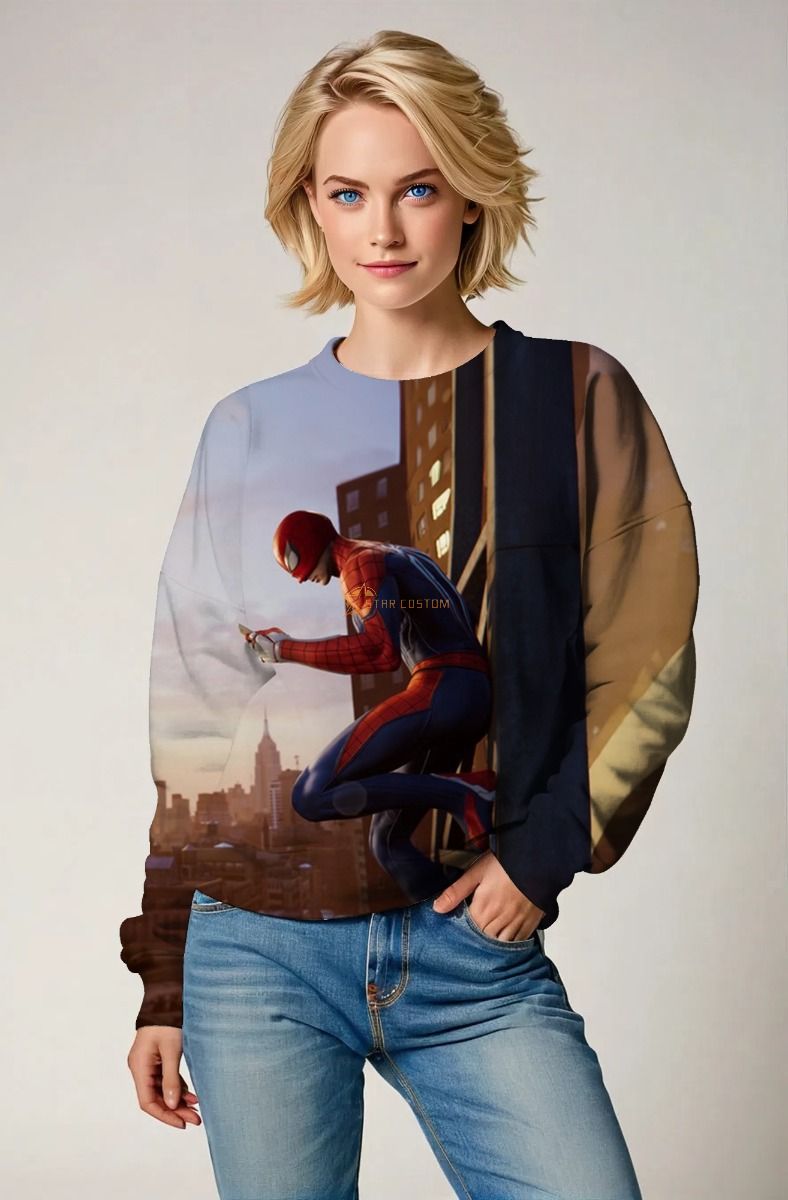 Spider-Man Rooftop Moment Sweatshirt – Golden Hour Urban Scene Crewneck
