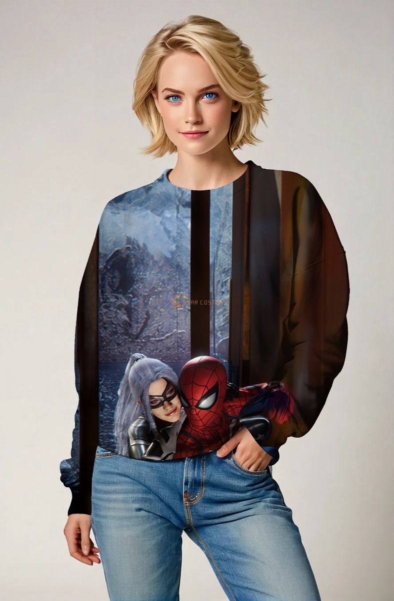 Spider-Man & Black Cat Couple’s Graphic Crewneck – Misty Blue & Espresso Black