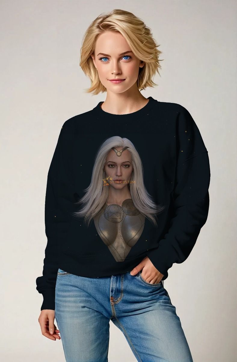 The Thena Sweatshirt in bold black brings the power of the Eternals’ warrior goddess to life.