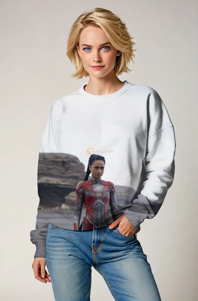 The Makkari Sweatshirt features an electrifying design showcasing the fastest hero from The Eternals