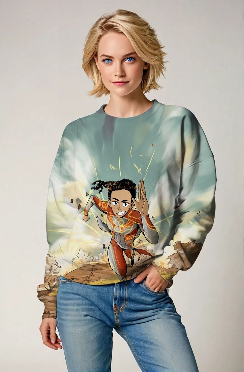 Run in style with the Makkari Sweatshirt, featuring a vibrant graphic of Makkari in her superhero costume.