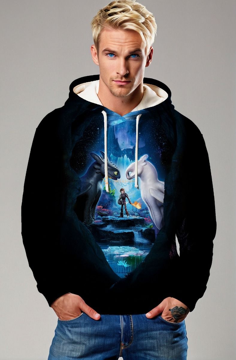  How to Train Your Dragon Graphic Hoodie – Deep Black & Blue Fantasy