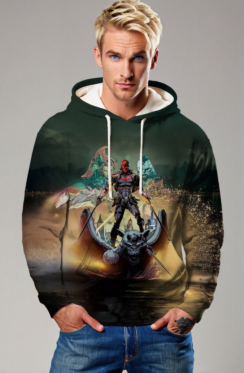 Dark Green & Black Red Hood Graphic Hoodie