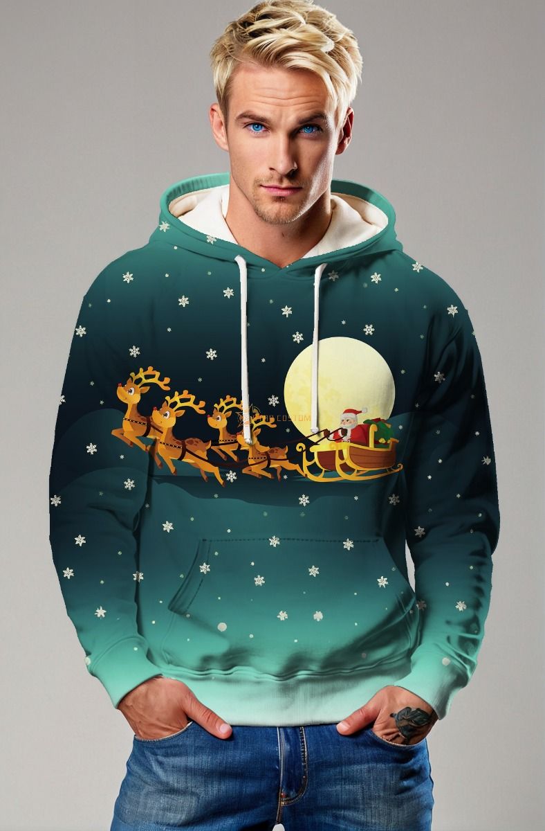 Dark Green Christmas Reindeer Santa Hoodie 