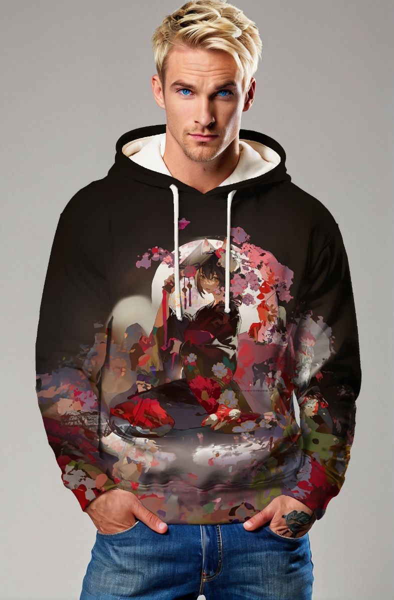 Black Anime Art Hoodie with Floral Accents 