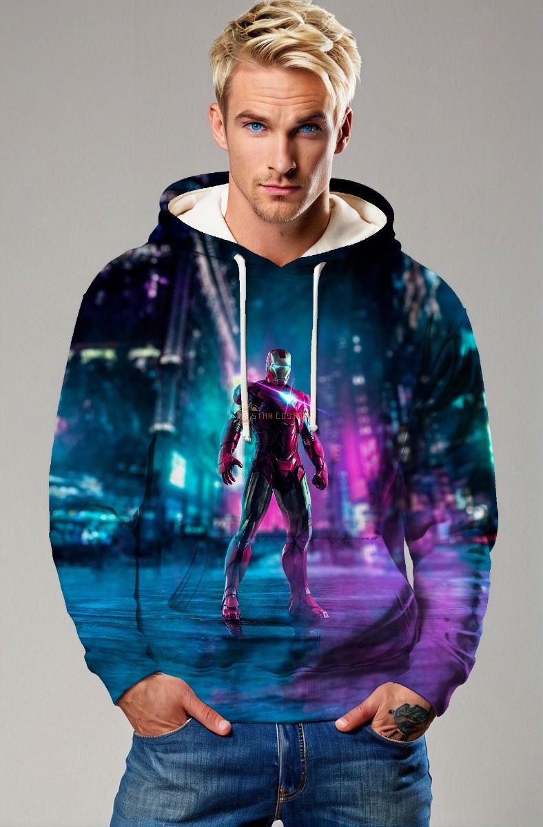 Dark Blue Iron Man Neon City Graphic Hoodie