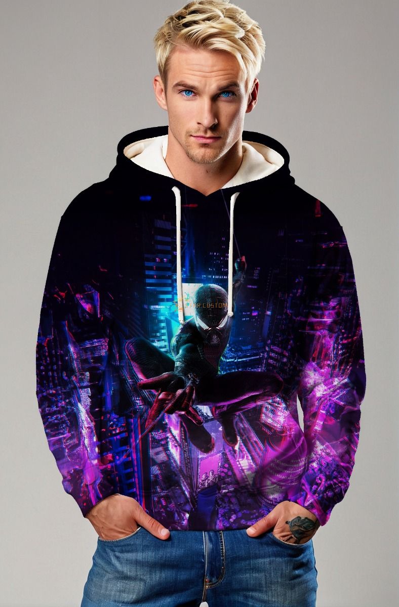 Dark Black & Neon Spider‑Man City Graphic Hoodie 
