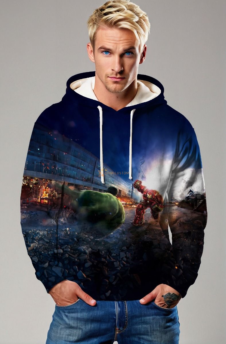 Dark Blue Hulk vs Iron Man Hulkbuster Battle Graphic Hoodie