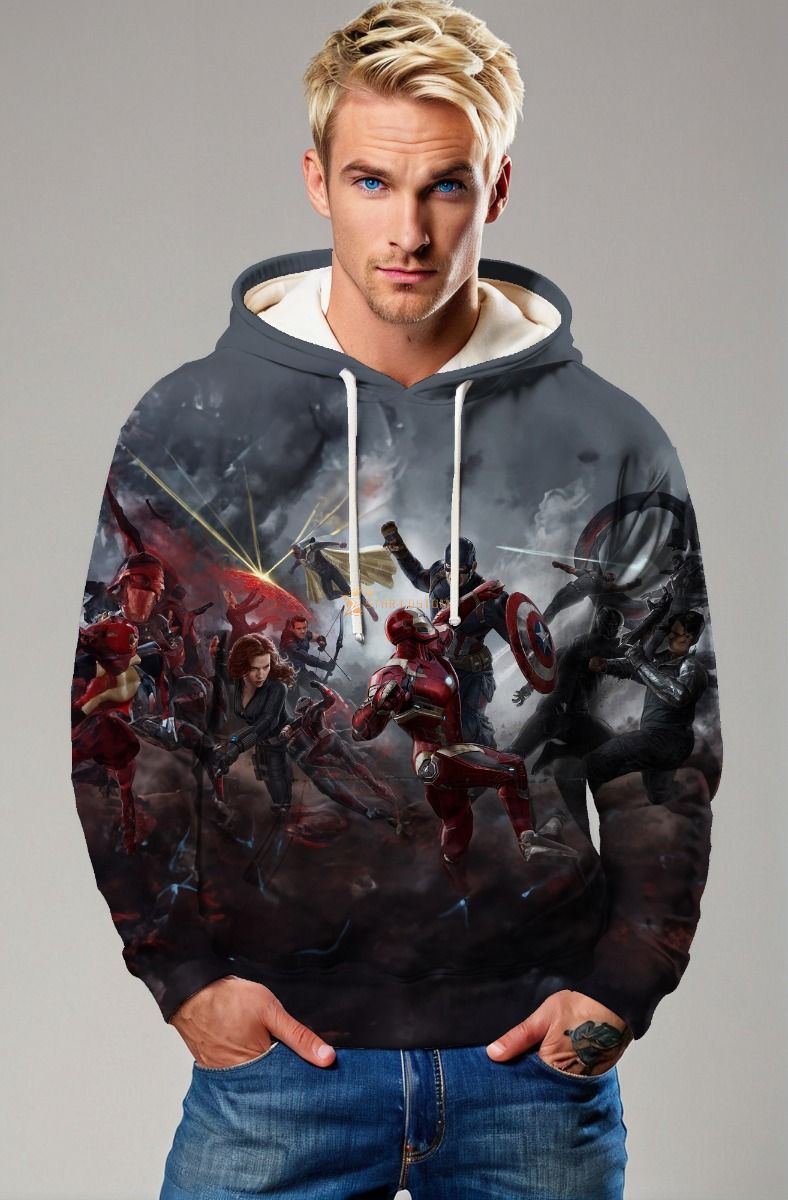 Gray Avengers Battle Scene Pullover Hoodie