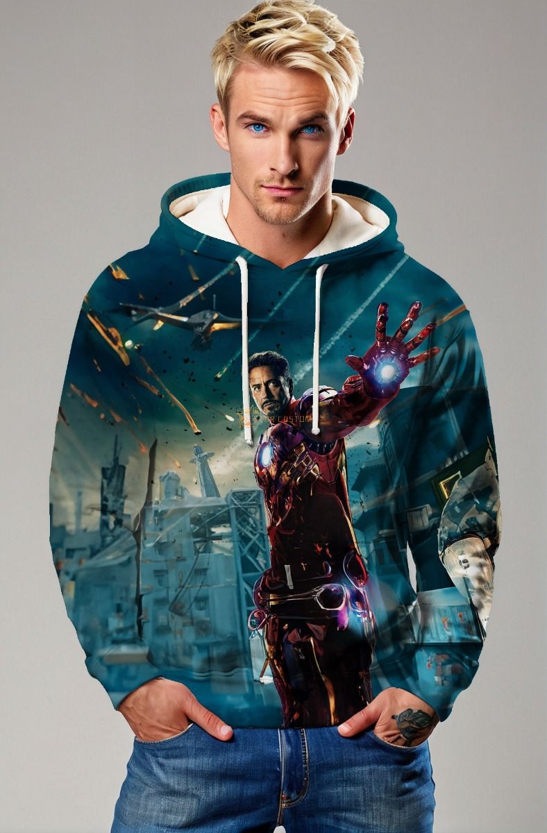 Teal Iron Man Battle Scene Hoodie
