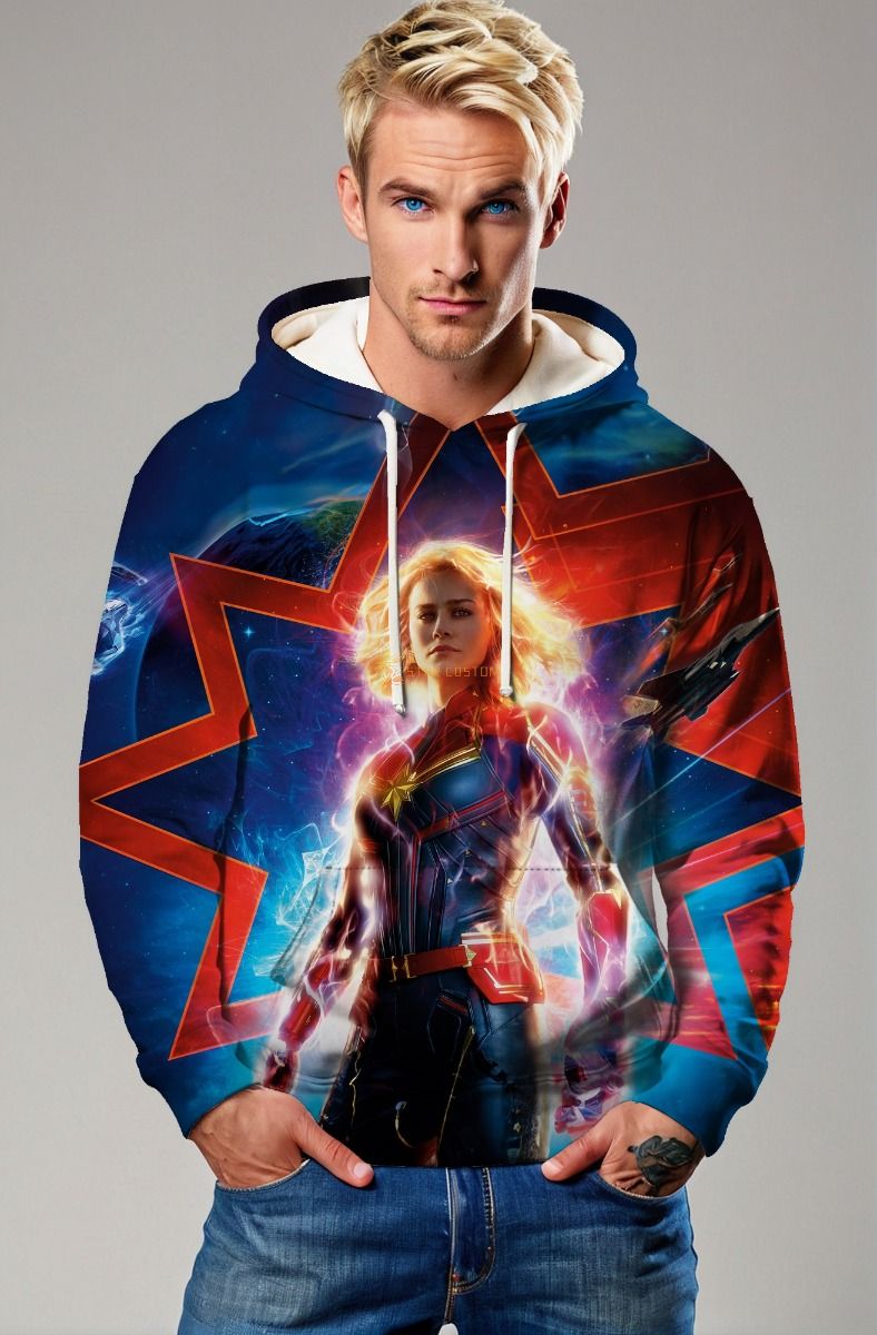 Captain Marvel Graphic Apparel – Vibrant Red & Blue Pullover Hoodie