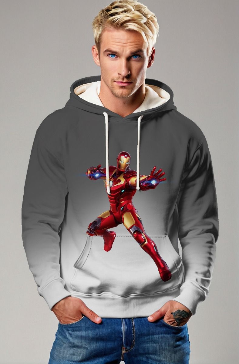 Gray & White Iron Man Pullover Hoodie – Bold Red Hero Style