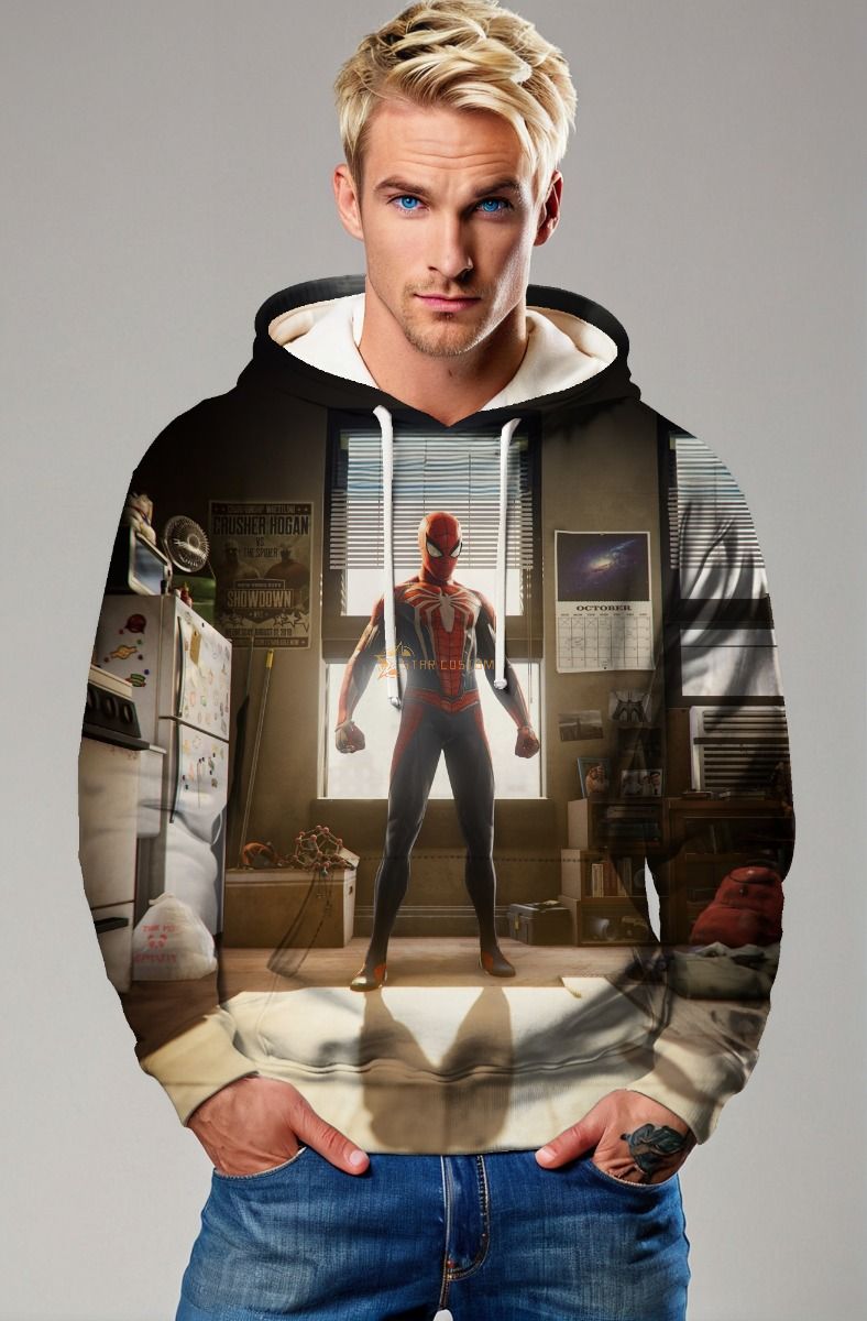 Dark Brown & Black Spider‑Man Room Scene Pullover Hoodie – Cozy Hero Look
