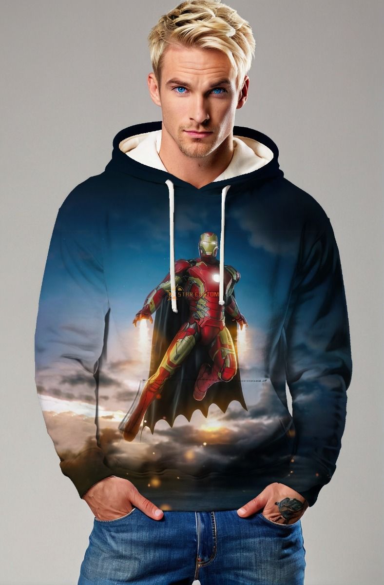 Dark Blue Iron Man Hero Cape Pullover Hoodie – Bold & Warm