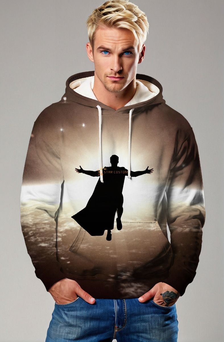 Brown Heroic Silhouette Pullover Hoodie – Dynamic Sky Scene