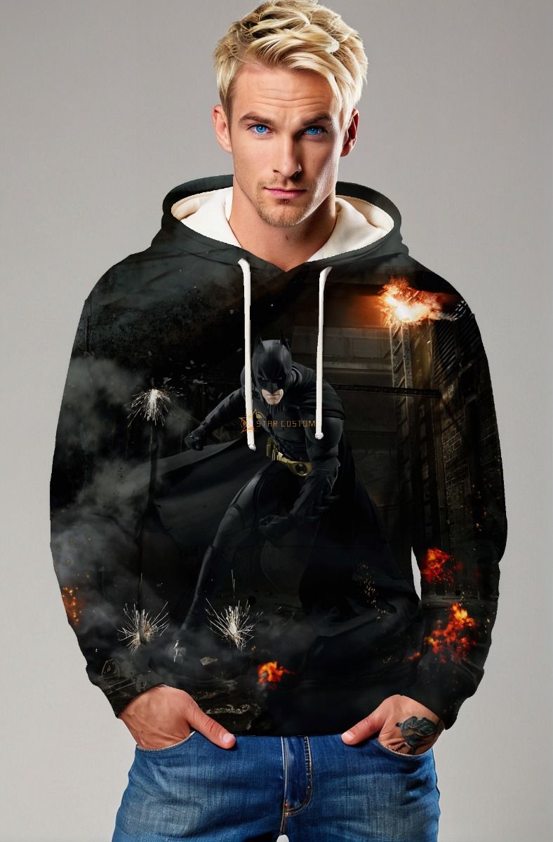 Black Batman Explosive Scene Pullover Hoodie – Bold Urban Hero Look