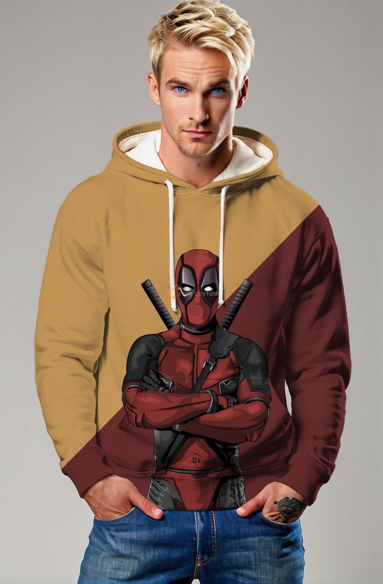Deadpool Arms‑Crossed Graphic Hoodie – Bold Brown & Maroon Hero Style