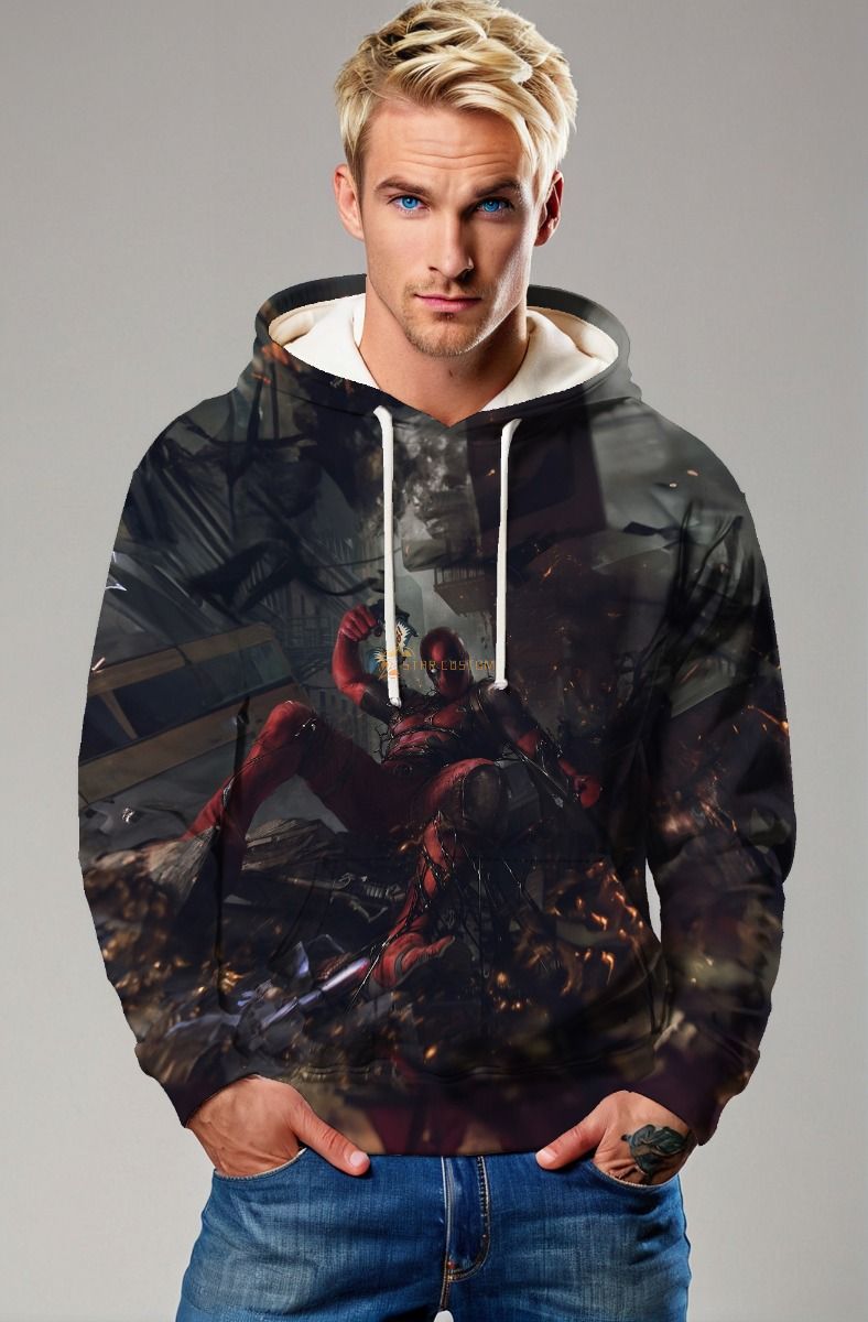 Deadpool Battle Scene Graphic Hoodie – Bold Black Hero Wear