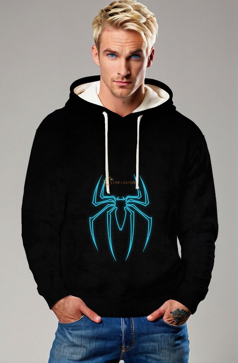 Neon Blue Spider Emblem Hoodie – Bold Black Pullover