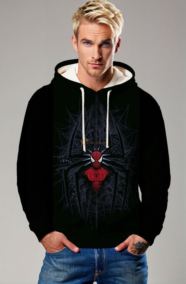 Black Spider‑Web Graphic Pullover Hoodie – Red Hero Icon Design