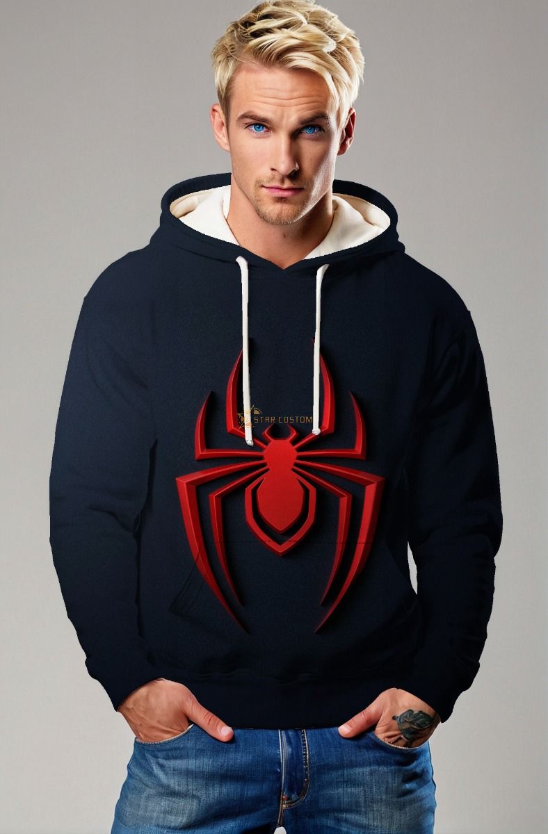 Black Pullover Hoodie with 3D Red Spider Emblem