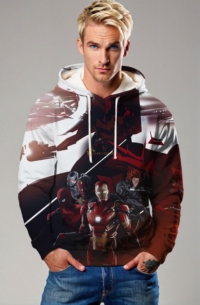 Red & White Avengers Pullover Hoodie – Heroic Impact Design